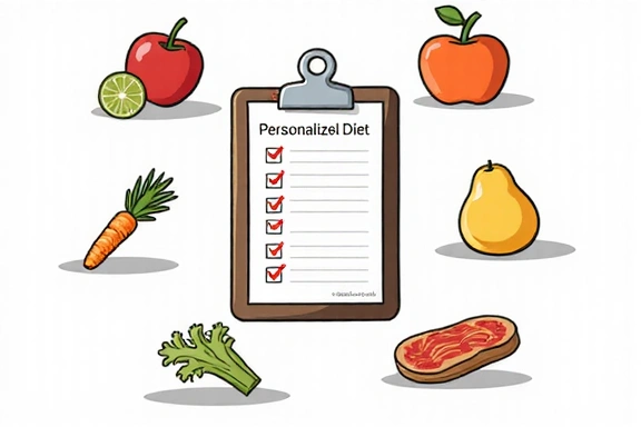 An illustration of a personalized diet plan with various food icons, symbolizing customization.