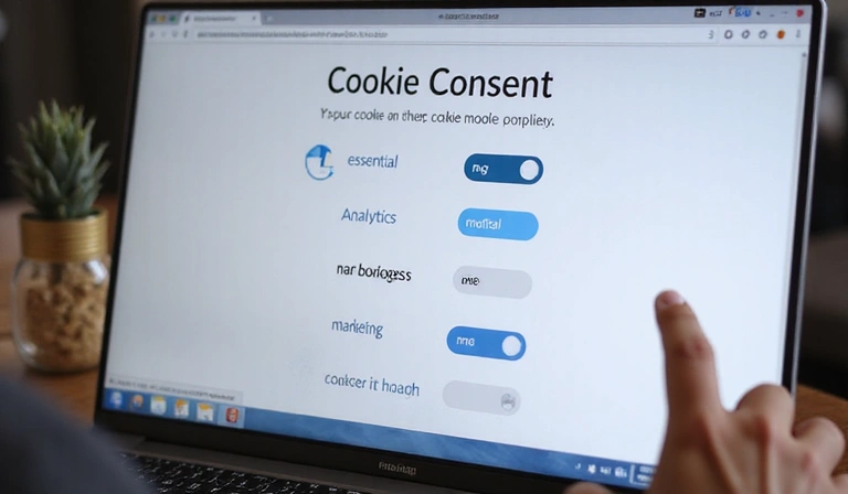 Illustration of a person managing cookie settings on a computer, with various options for privacy and data control